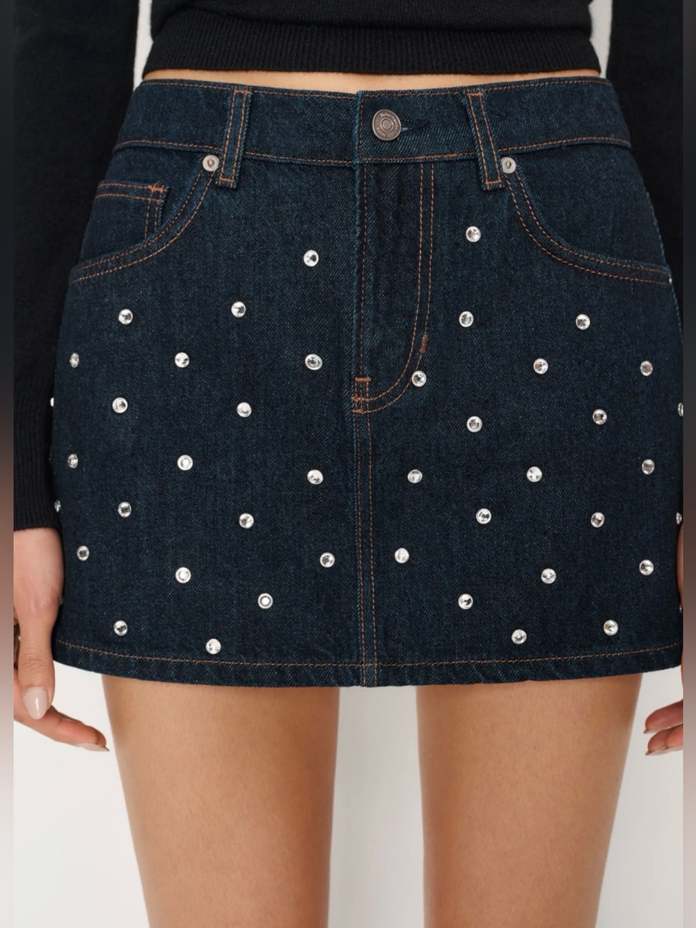 Reformation Rhinestone Low Rise Denim Mini Skirt Dark Wash Y2K 26